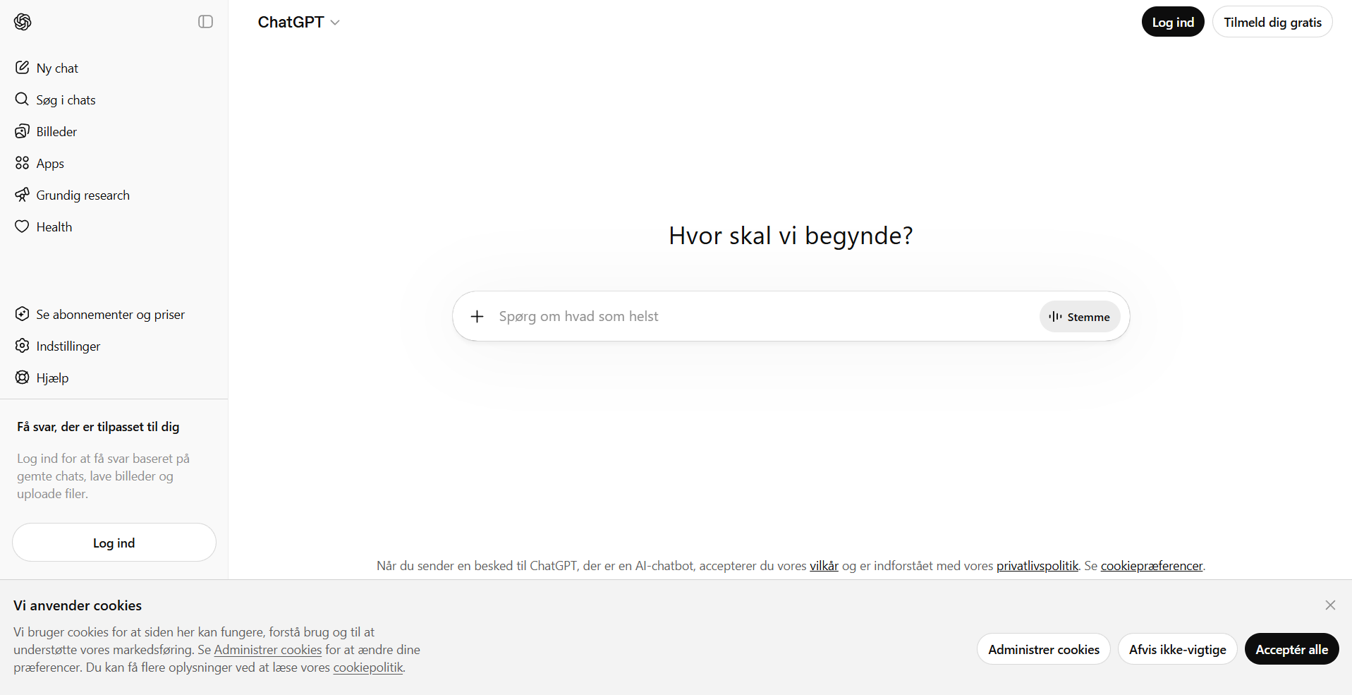 Forsiden på ChatGPT
